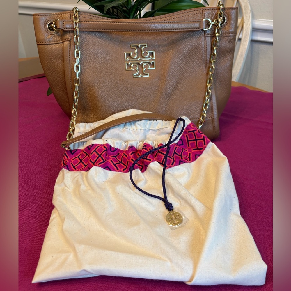 Tory Burch Britten Tote Brown Leather Shoulder Bag With Duster Bag